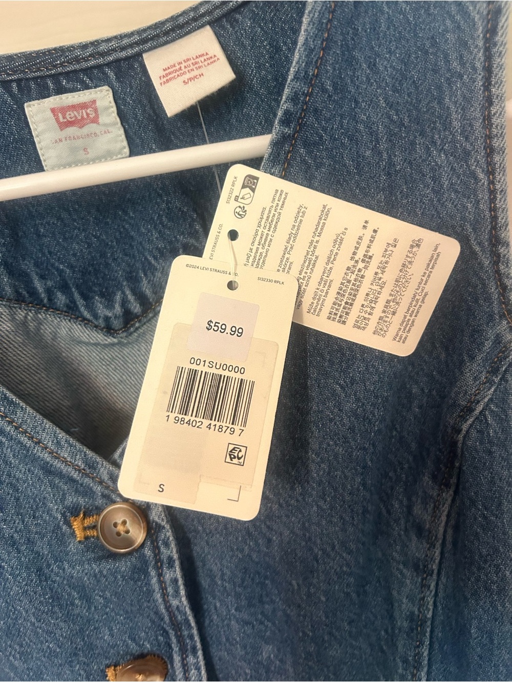Levi's Blue Denim Button Vest Size Small | Slim Cropped Fit | Cinch - Picture 5 of 7